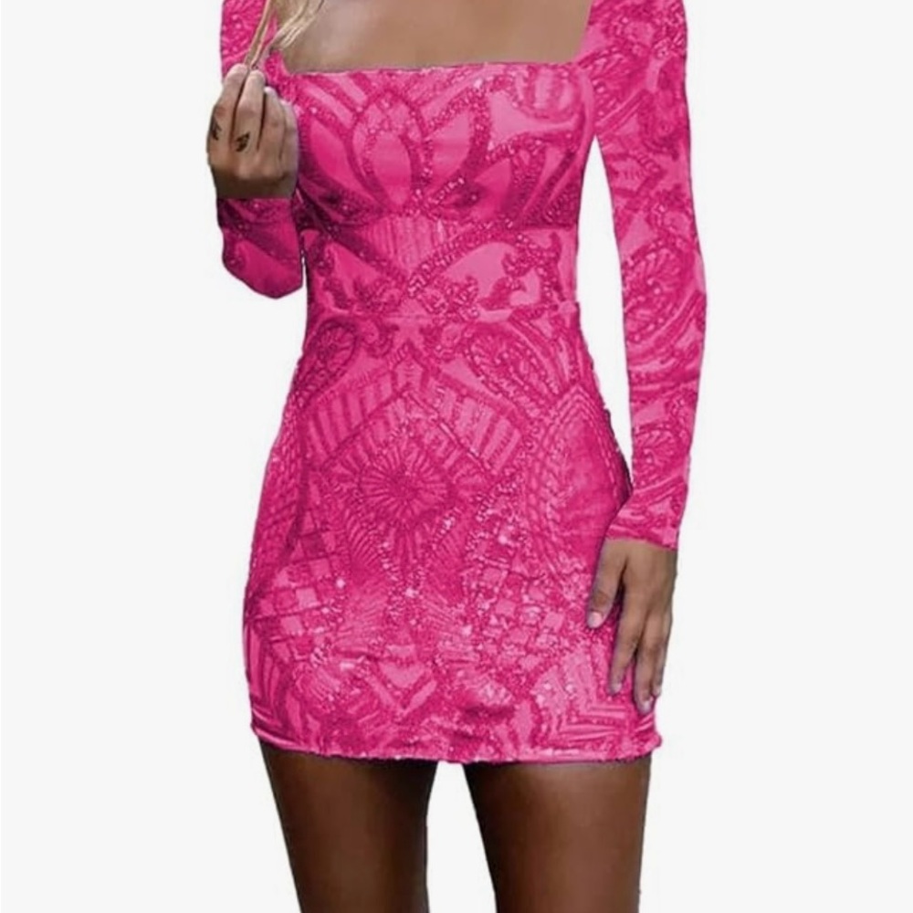 Hot Pink Sz 4 dress Long Sleeve Homecoming Sparkly Sequin Lace Backless Cocktail